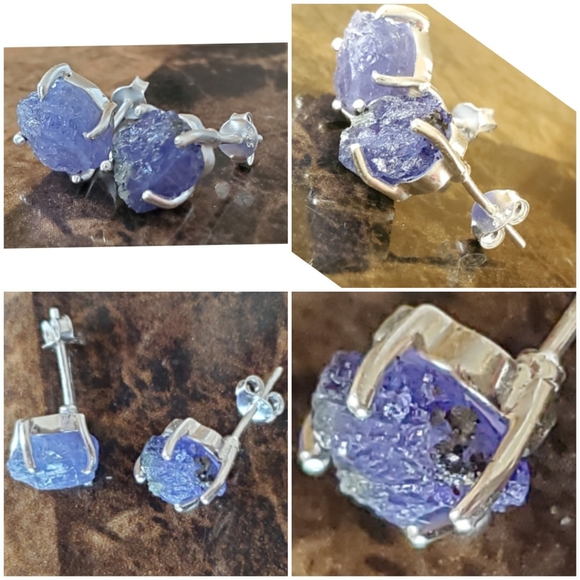 Genuine, Huge Natural Rough Tanzanite Earrings - Picture 3 of 5
